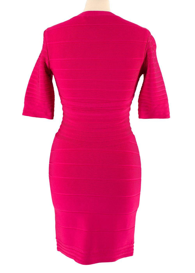Pink Stretch Bandage V-Neck Zipped Dress
