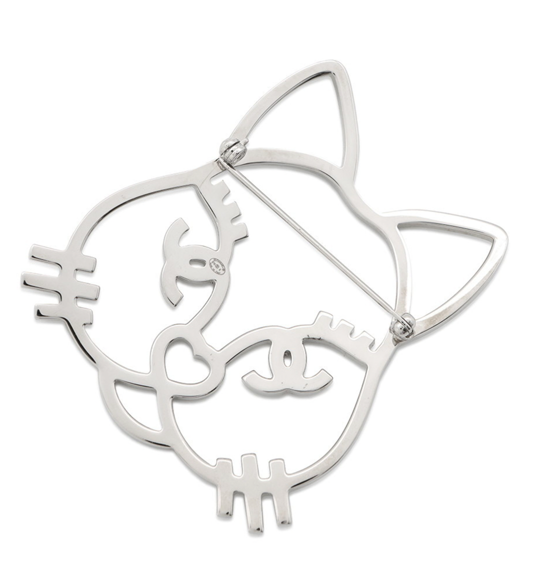 Chanel Silver Crystal Cat Brooch Pin