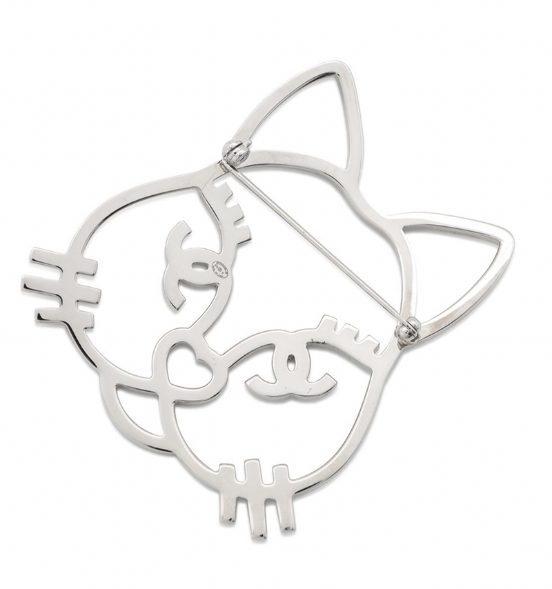Chanel Silver Crystal Cat Brooch Pin