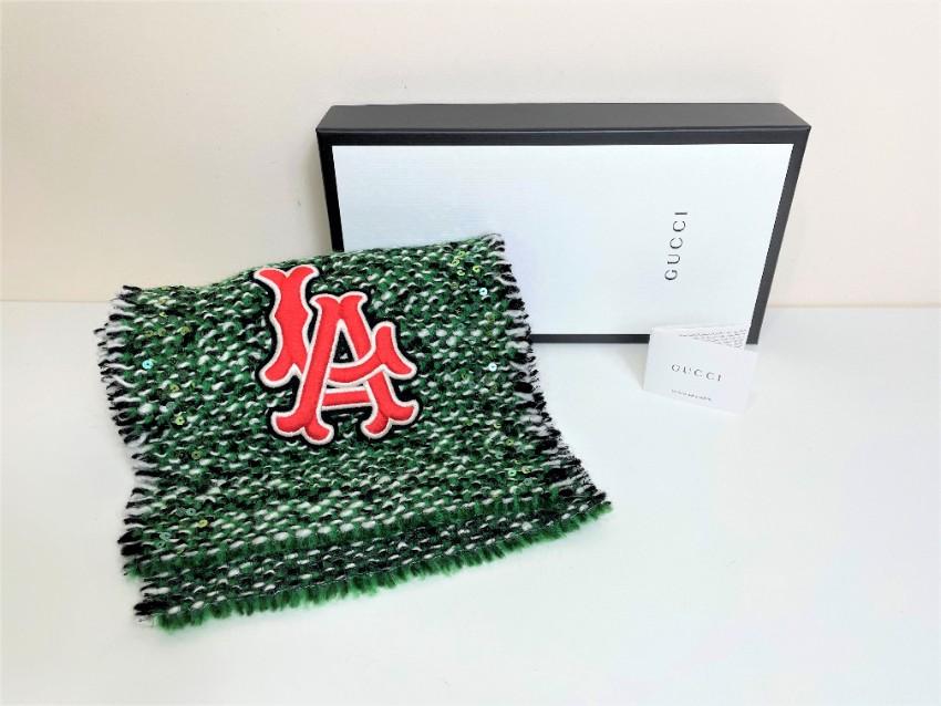 Gucci LA Patch Embellished Green Melange Wool Blend Scarf