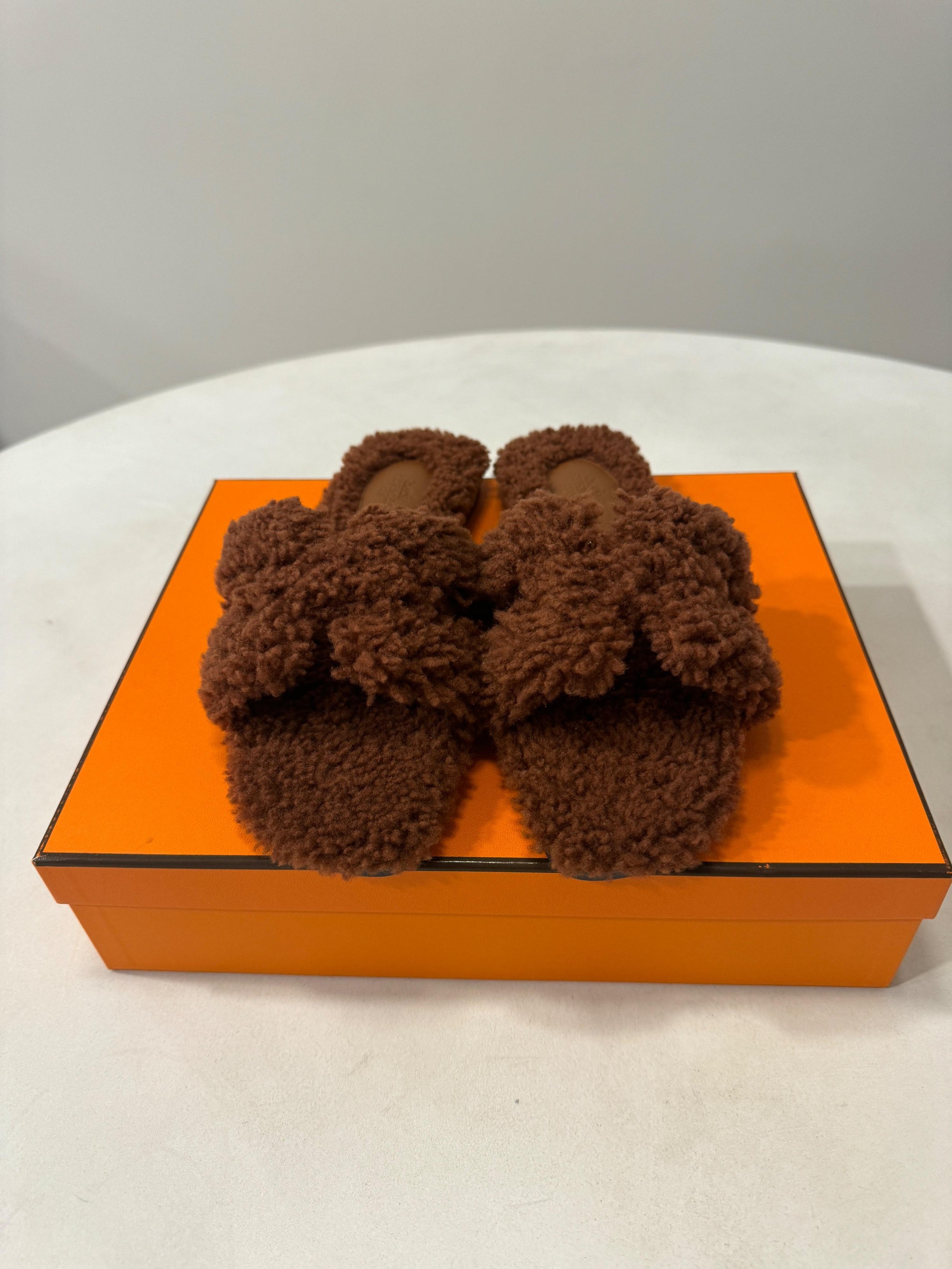 Hermes Cognac Fluffy Oran Sandals