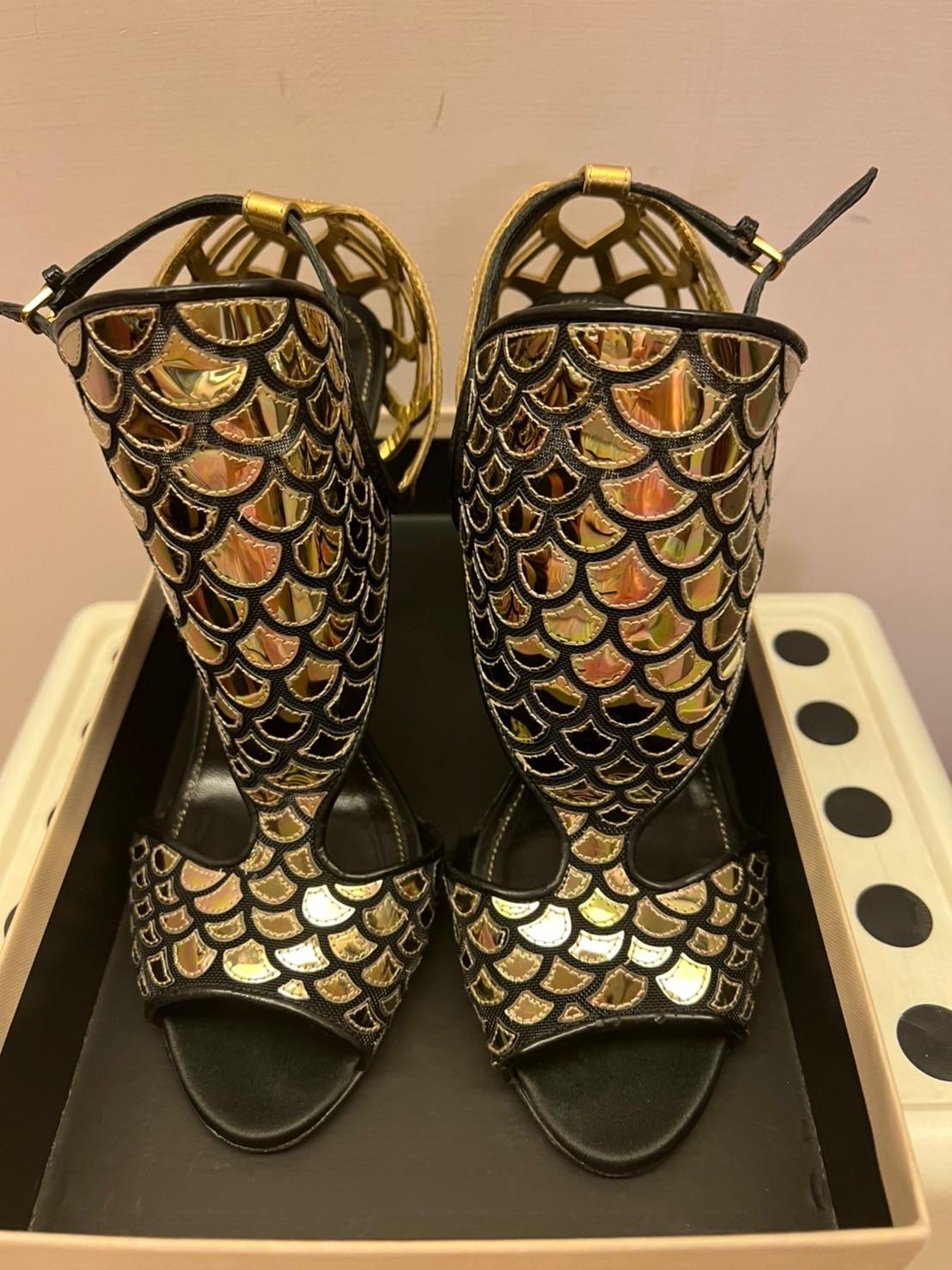 Black & Gold Fish Scale Heeled Sandals