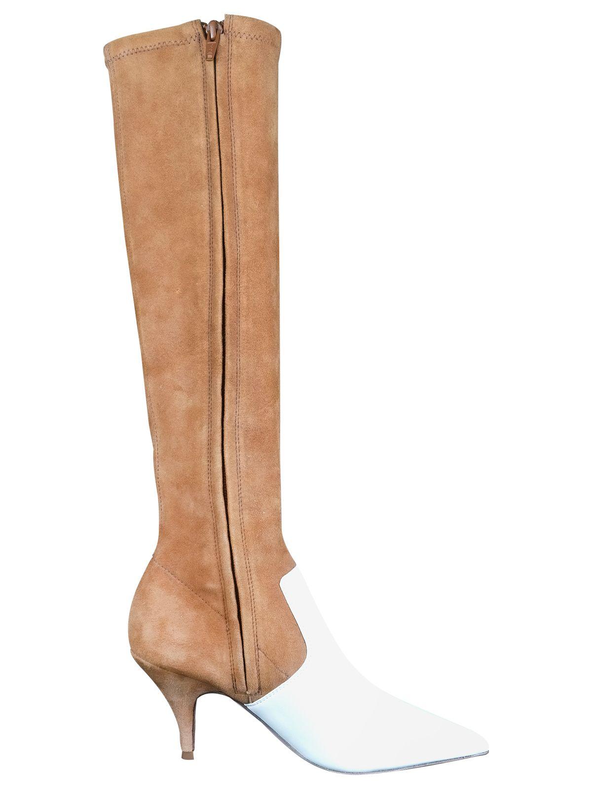 Beige suede & white leather heeled long boots