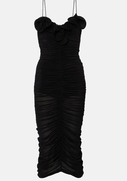 Black Ruffled Ruched Midi Dress