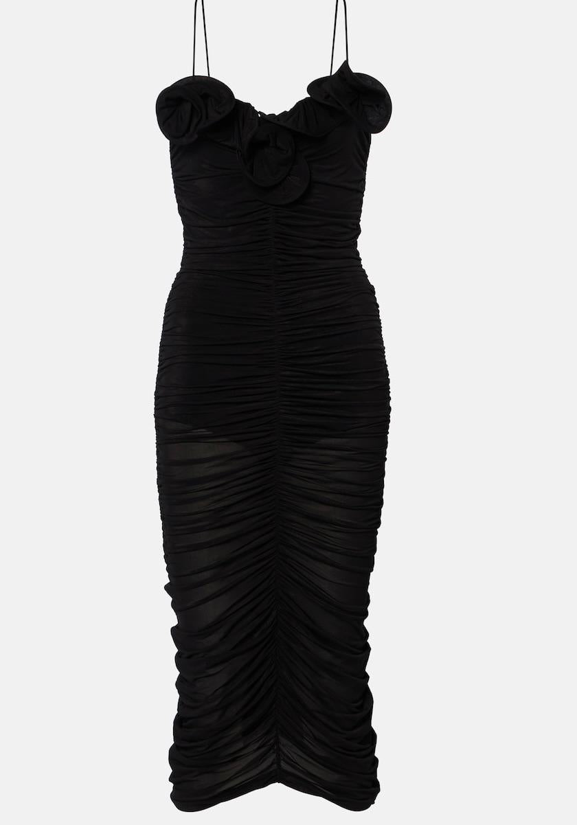 Black Ruffled Ruched Midi Dress