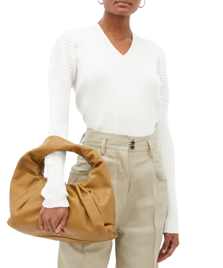 Bottega Veneta Ivory Long Sleeve Ribbed V-Neck Top