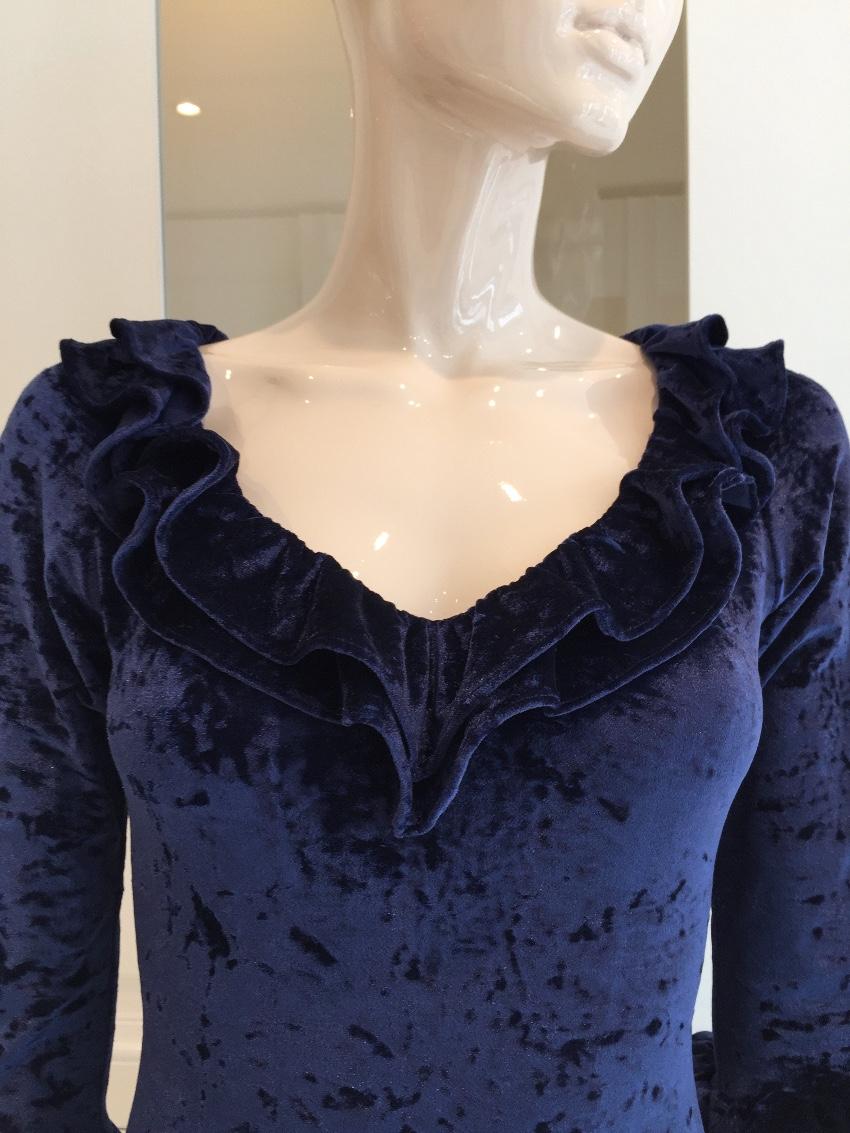 French Couture Navy Blue Panne Velvet Dress