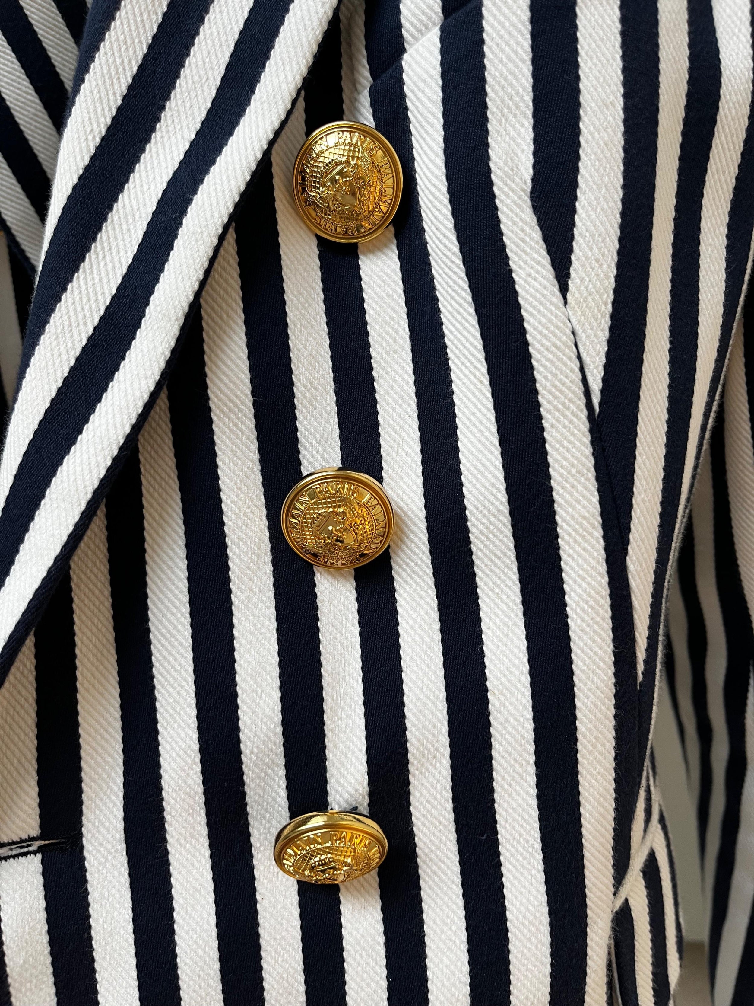Balmain Navy and White Striped Double Breasted Blazer