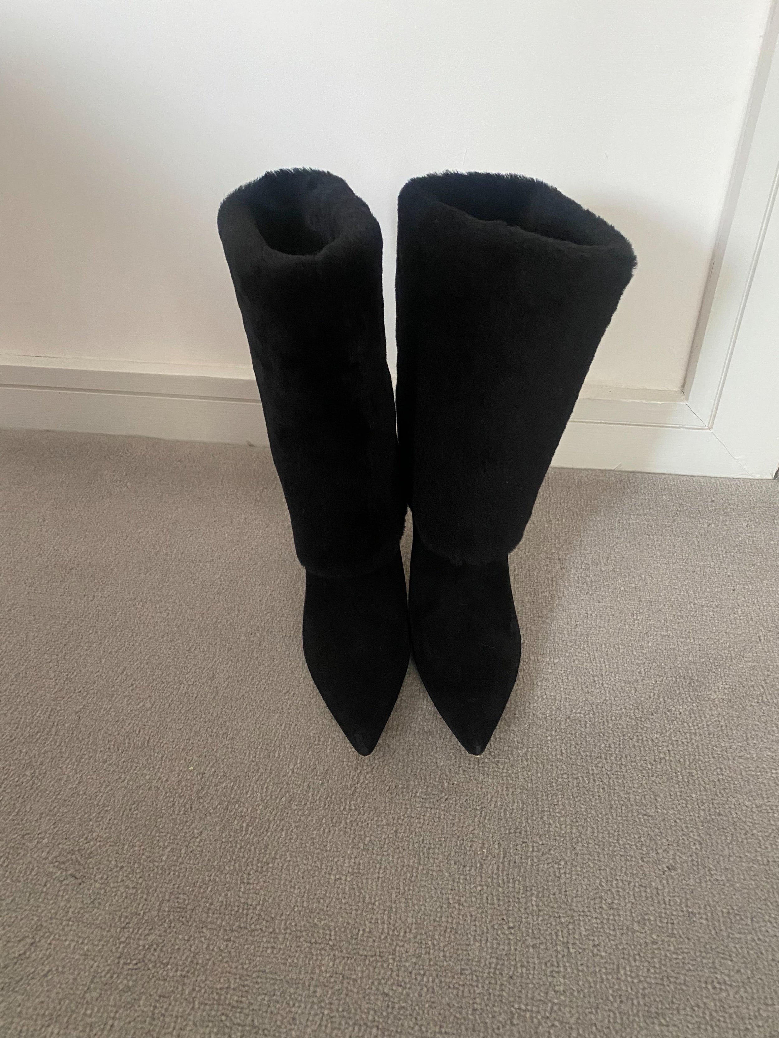 Black Shearling Cuff Heeled Long Boots