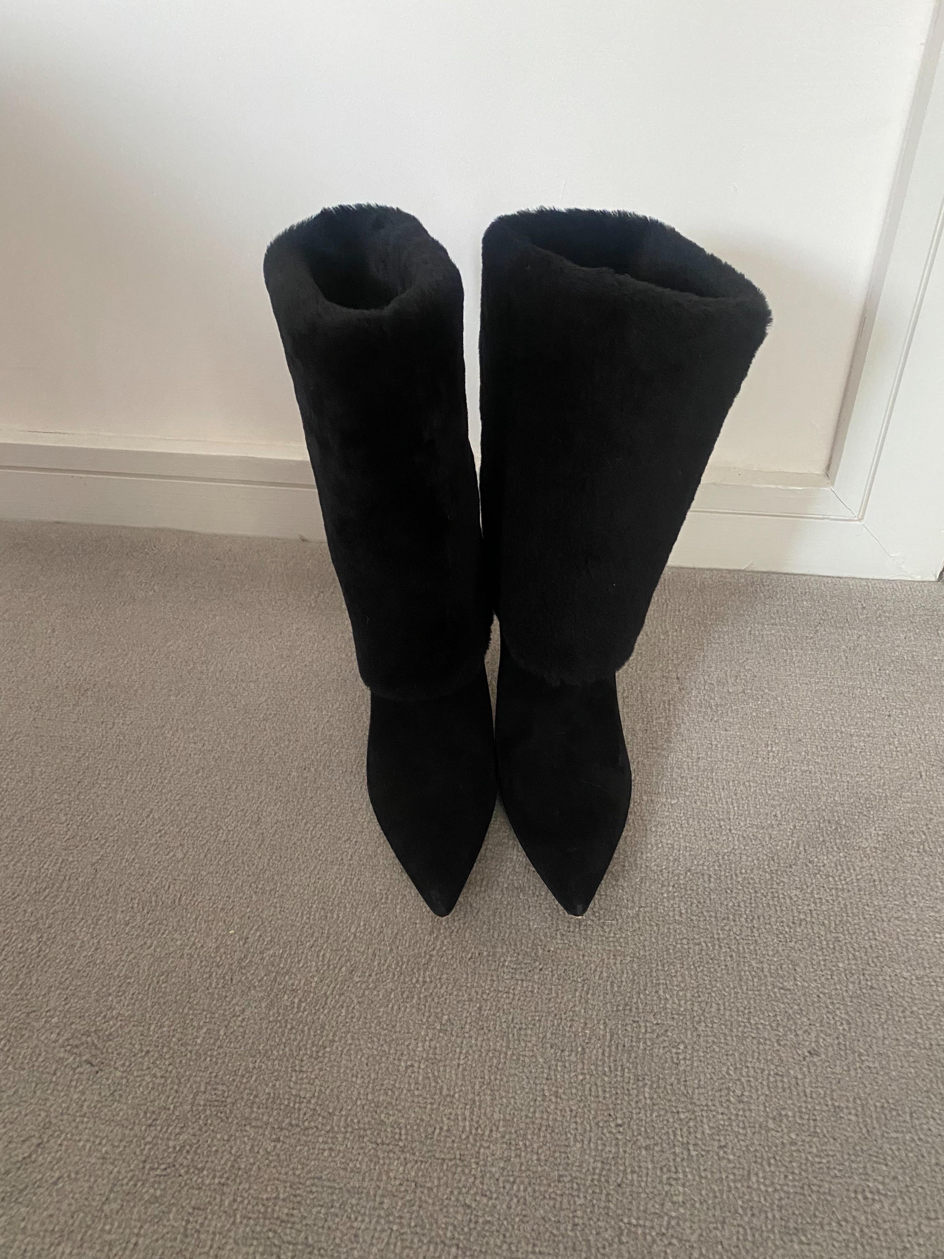 Black Shearling Cuff Heeled Long Boots