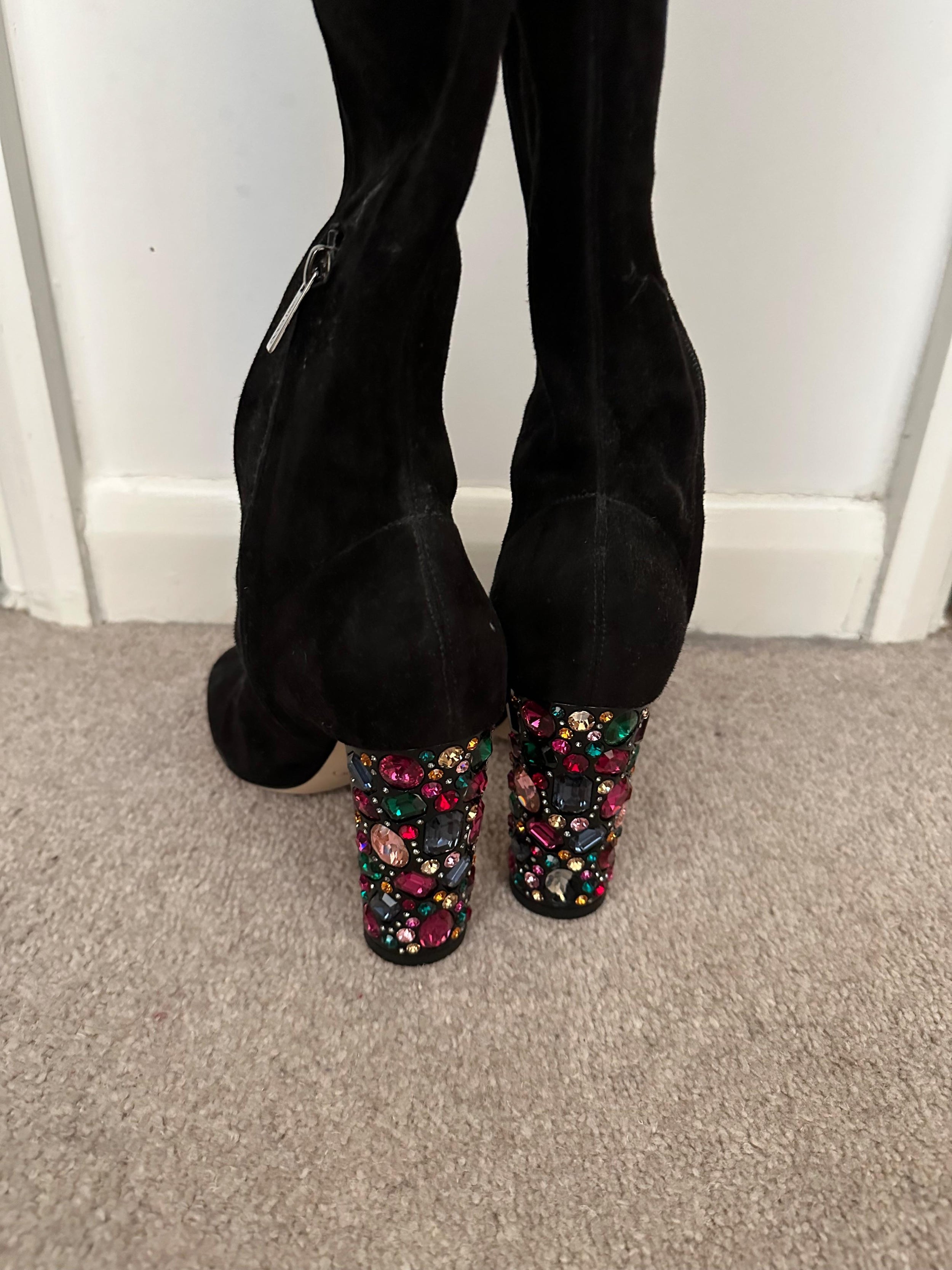 Jimmy Choo Black Suede Over the Knee Boots with Crystal Heel Detail