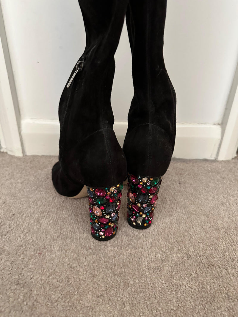 Jimmy Choo Black Suede Over the Knee Boots with Crystal Heel Detail