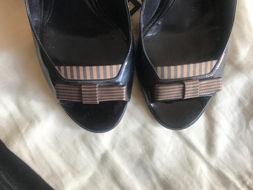 Fendi Striped-Bow Patent Leather Peep-Toe Pumps