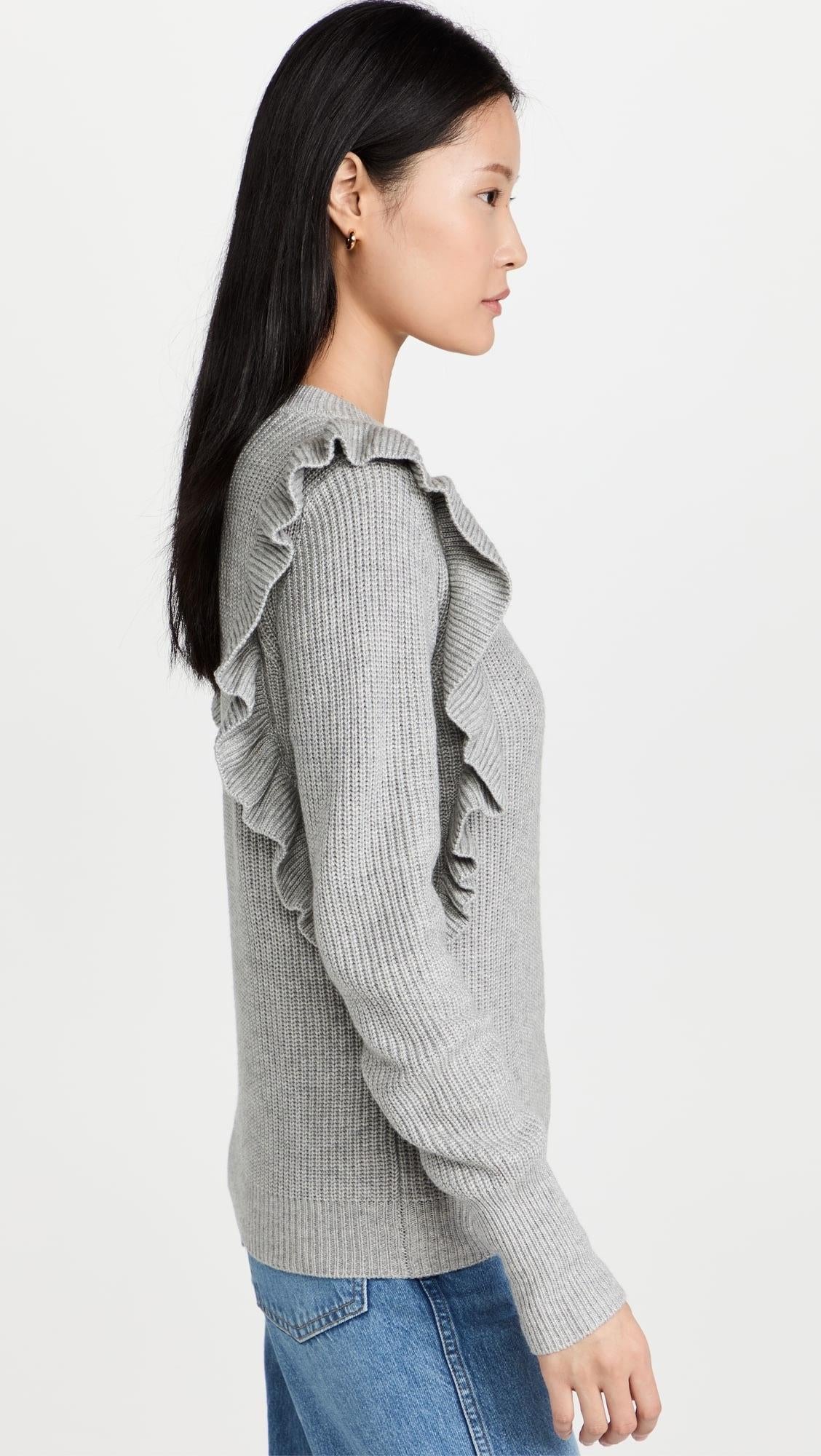 grey ribbed frilled shoulder jumper