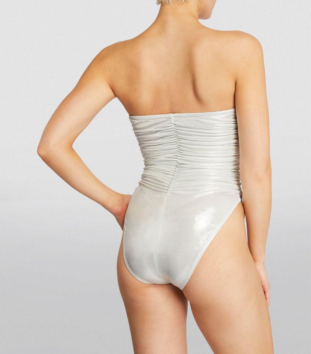 Norma Kamali White Ruched Metallic Marissa Swimsuit