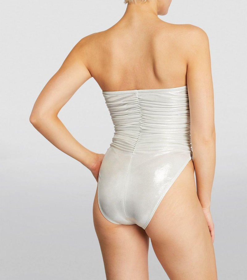 Norma Kamali White Ruched Metallic Marissa Swimsuit