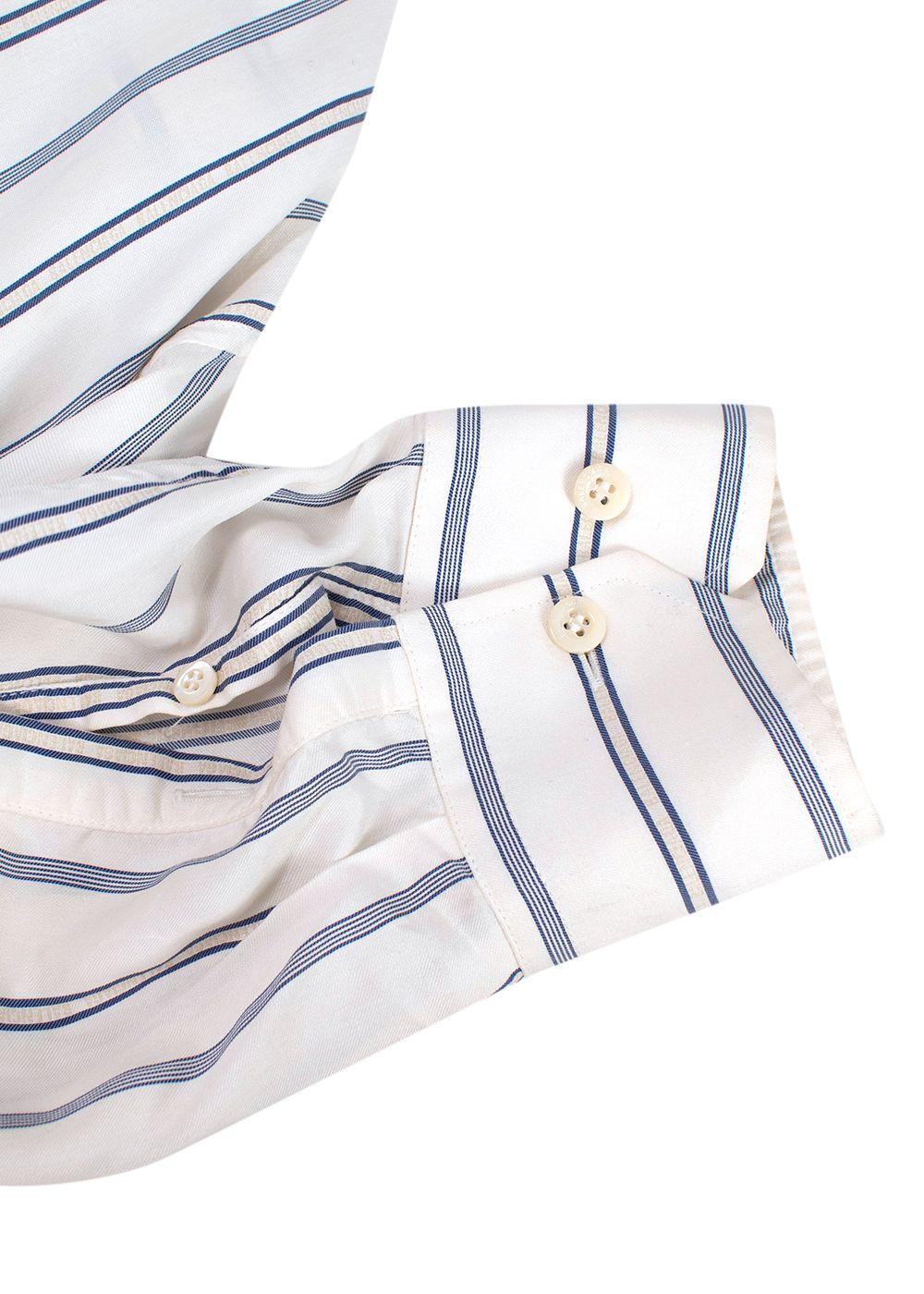 Balenciaga White and Blue Striped Silk Logo Shirt