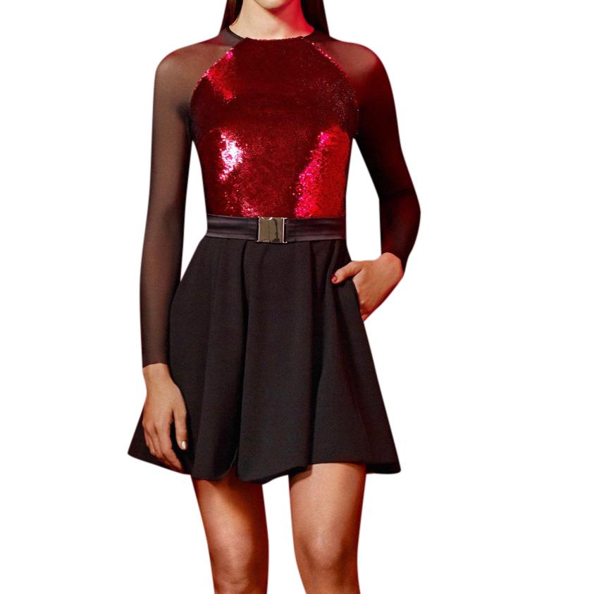 Hasan Hejazi Black & Red Sequin Skater Mini Dress