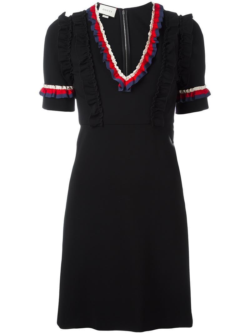 Gucci Black Web Trim Ruffled Dress