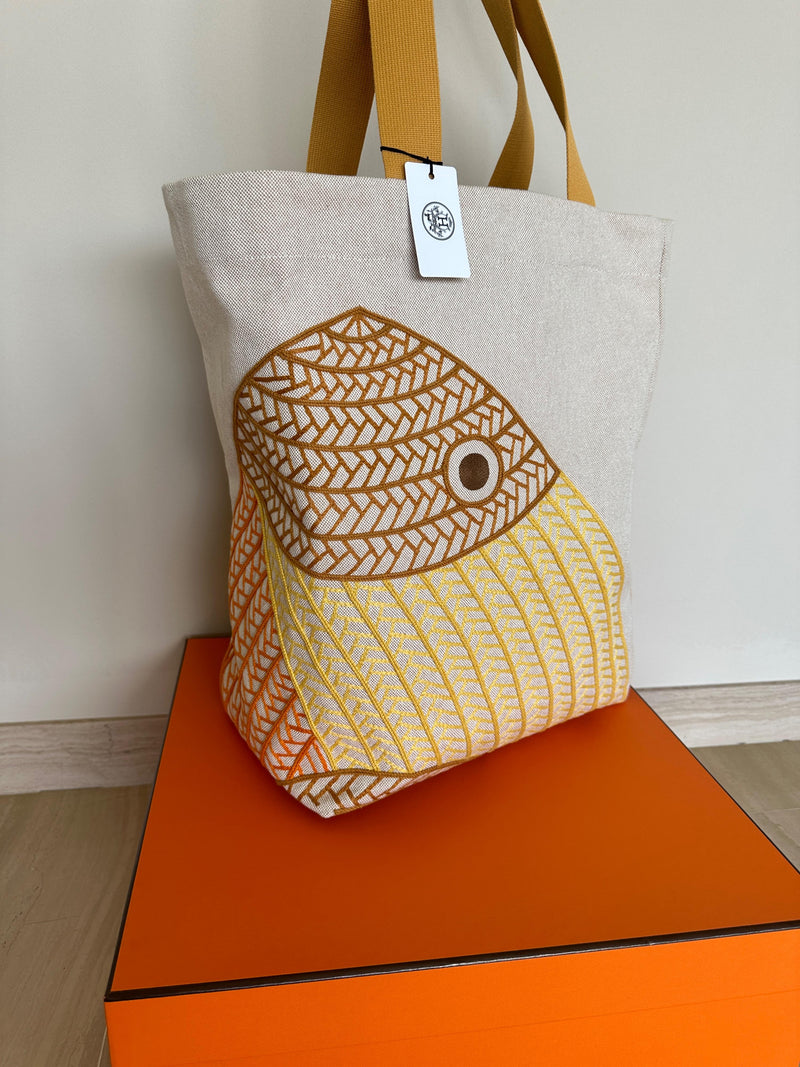 Hermes Poisson Natte Canvas Beach Tote Bag
