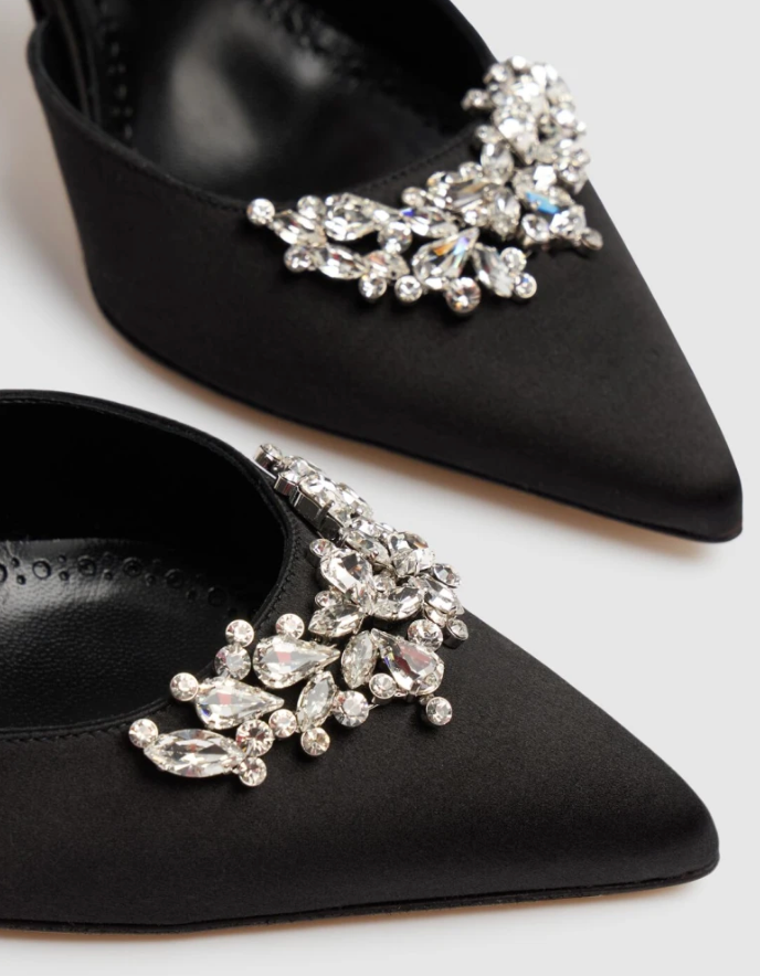 Manolo Blahnik Black Satin Crystal Embellished Mules