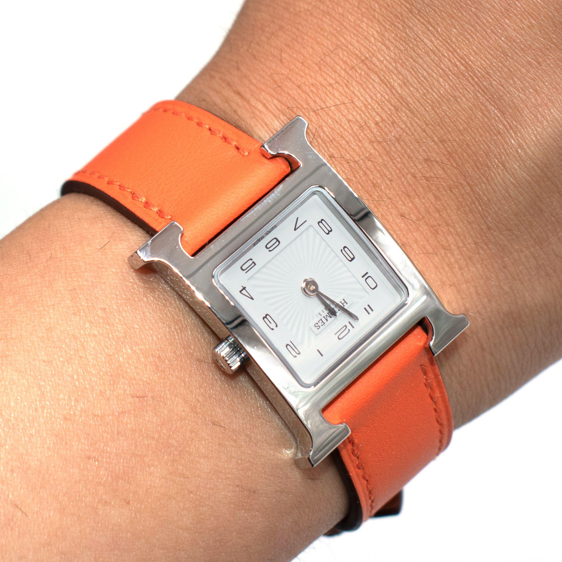 Hermes Small "Heure H" Watch With Orange Strap