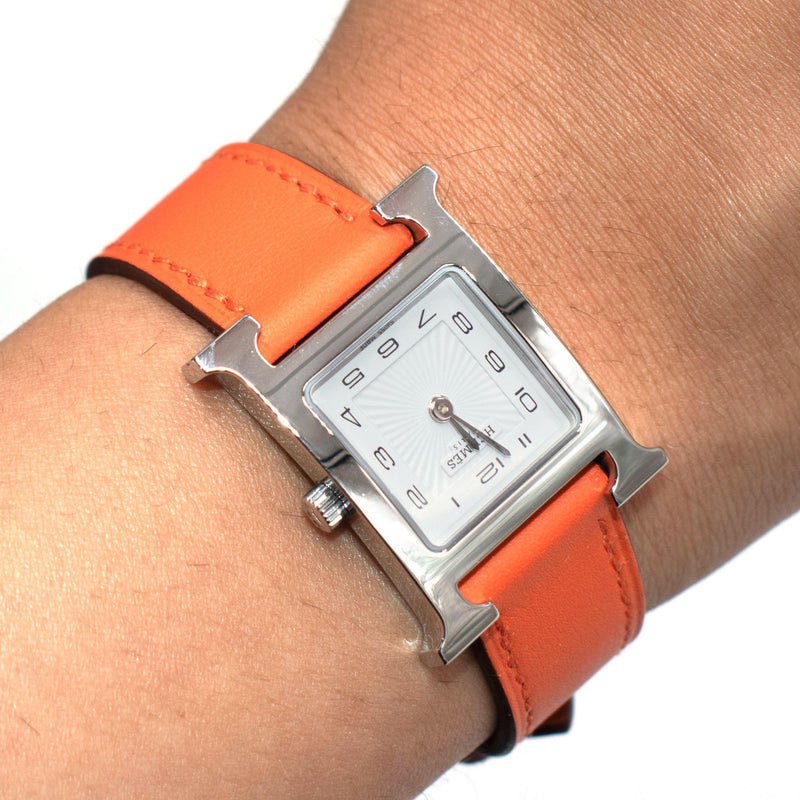 Hermes Small "Heure H" Watch With Orange Strap