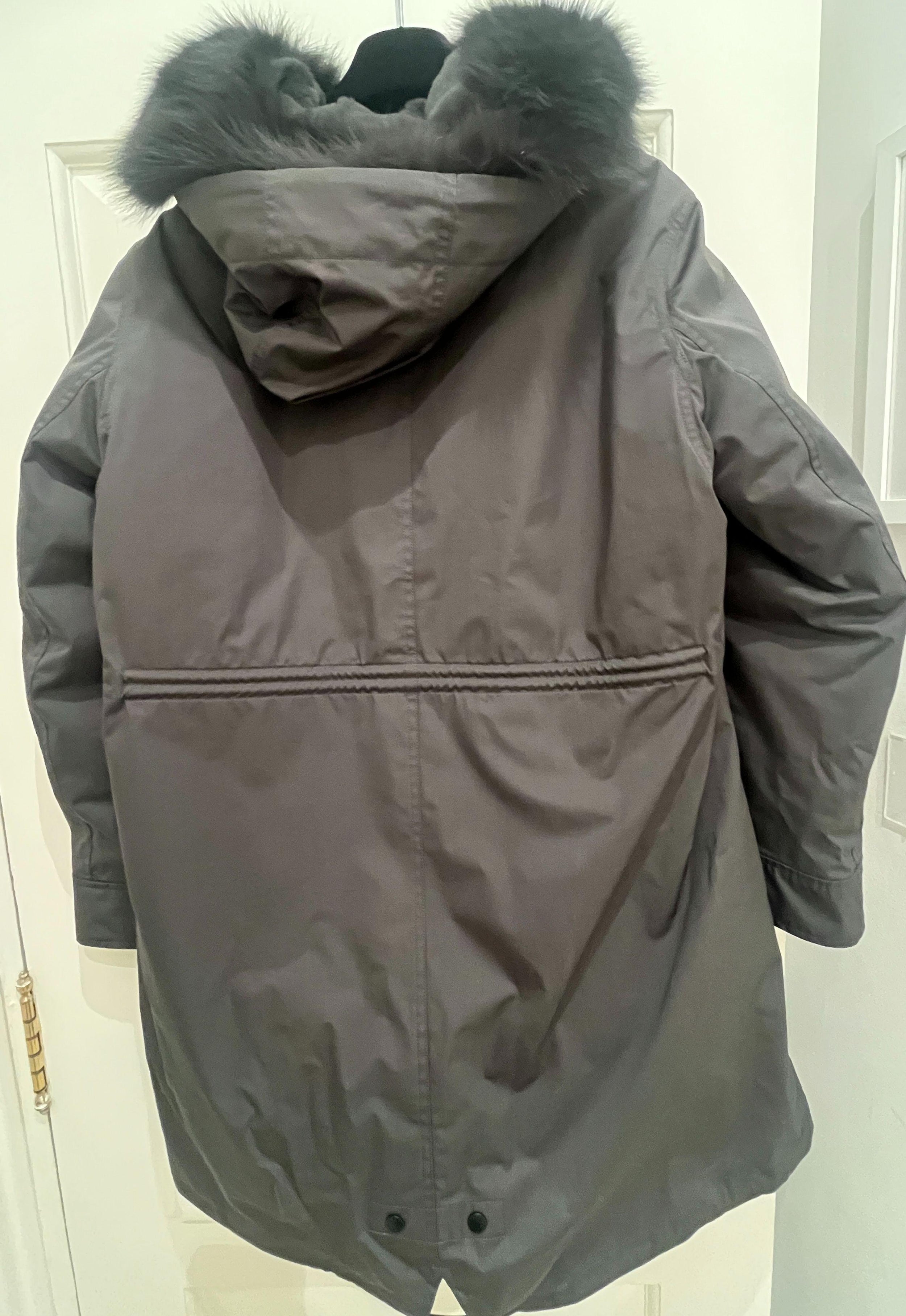 Yves Salomon Grey Fur Lined Fox Trim Hooded Parka