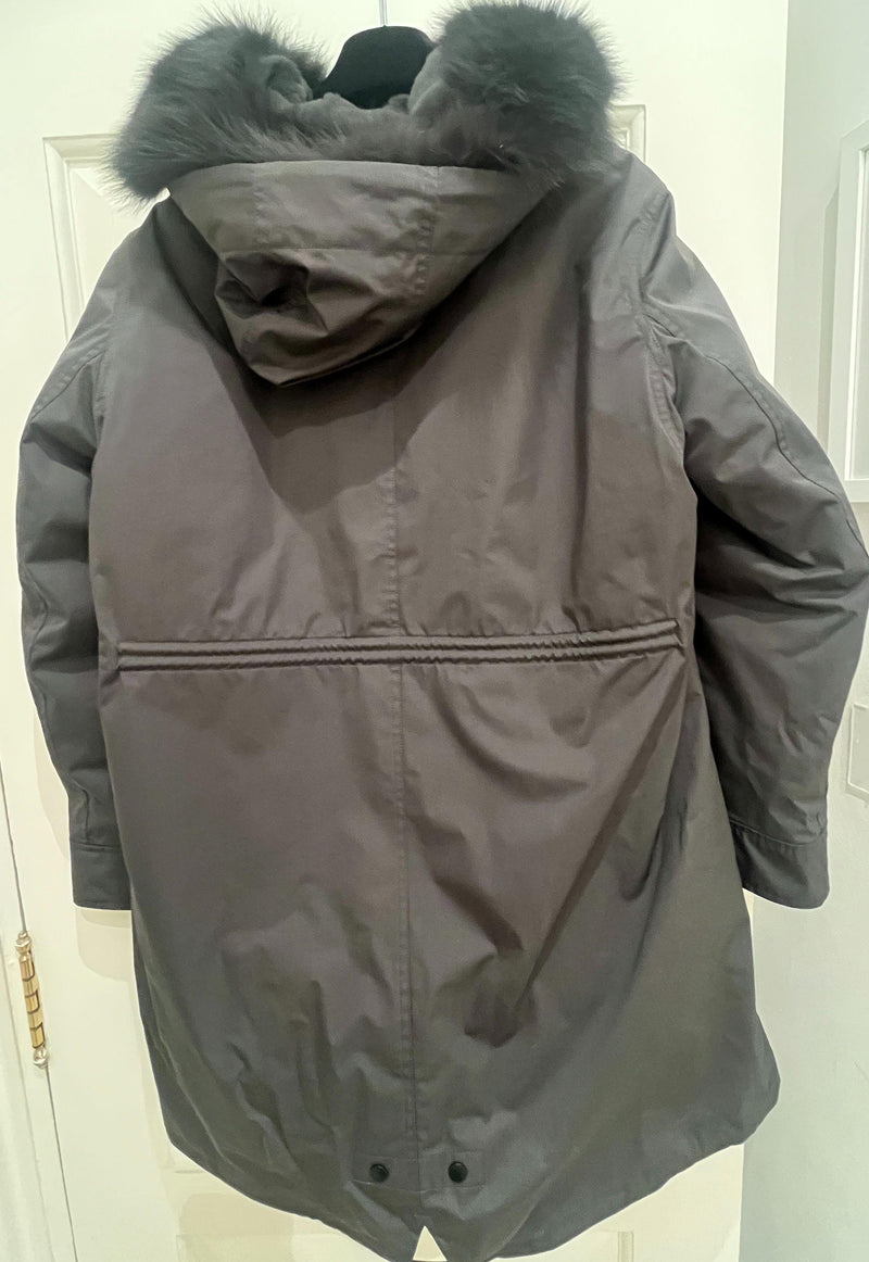 Yves Salomon Grey Fur Lined Fox Trim Hooded Parka