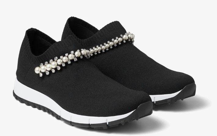 Verona Black Knit Trainers with White Pearl and Crystal Detailing