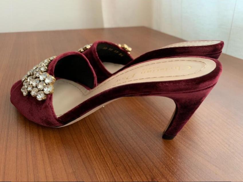 Dior burgundy rhinetone embellished velvet sandals