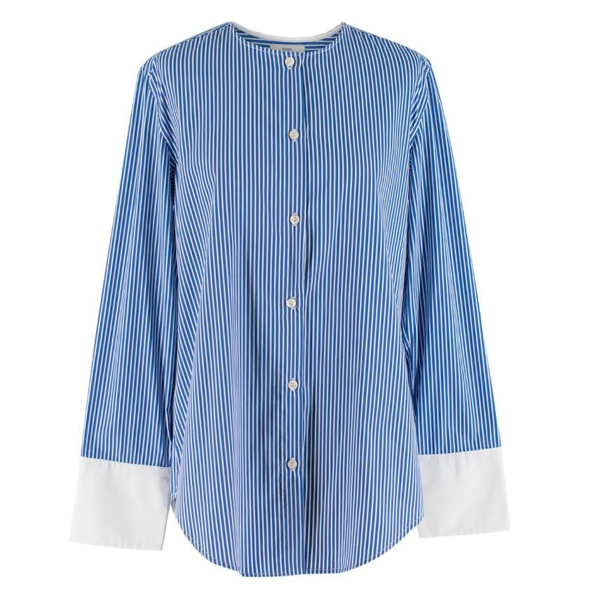 Tome Blue Pinstriped Long sleeve Top with Back Opening
