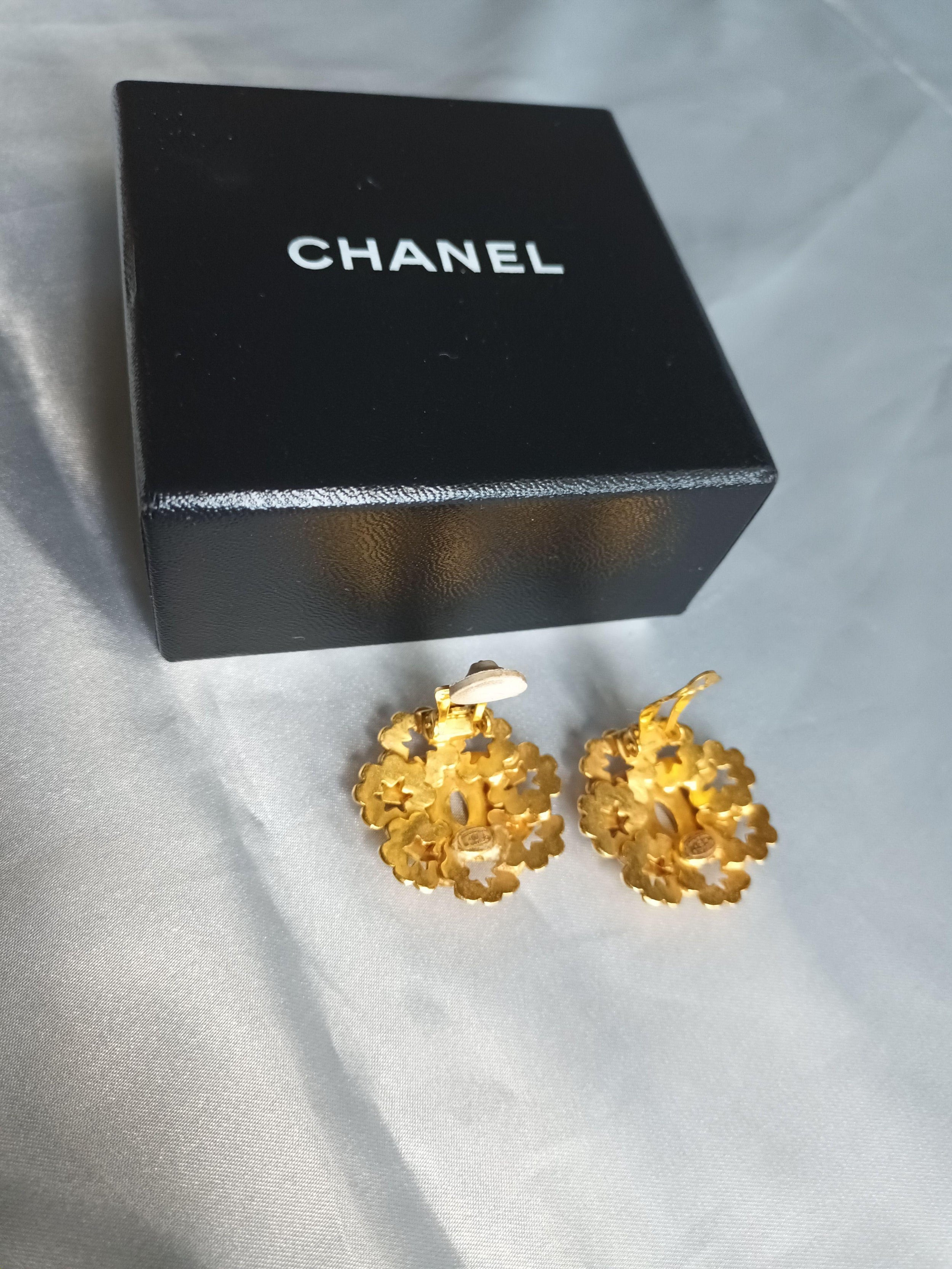 Chanel Gold Plated CC Flower Earrings