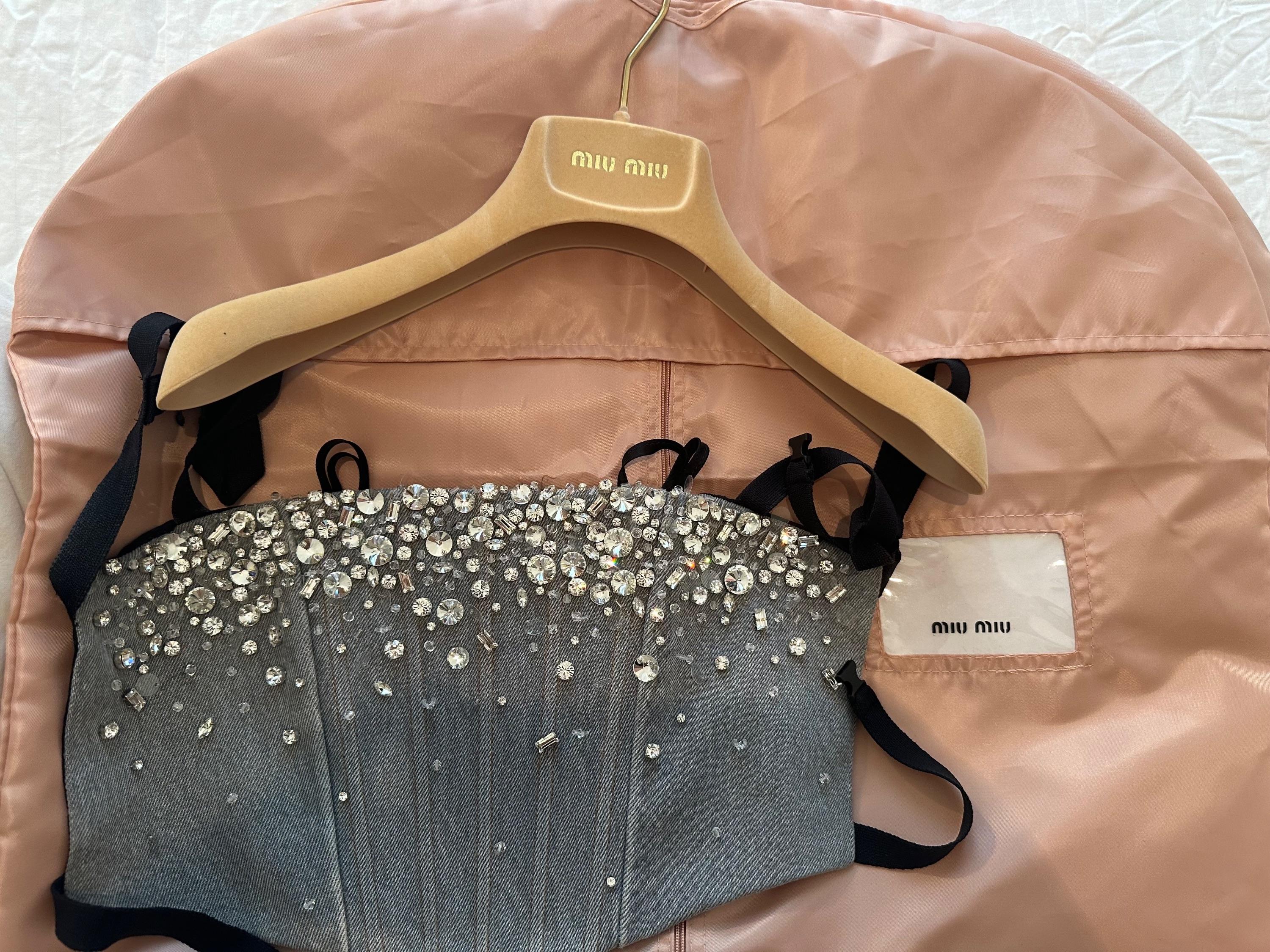 Miu Miu Grey Embellished Denim Cropped Top
