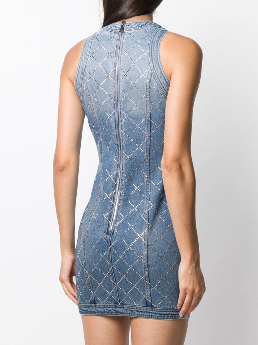 Blue rhinestone embellished fitted denim dress