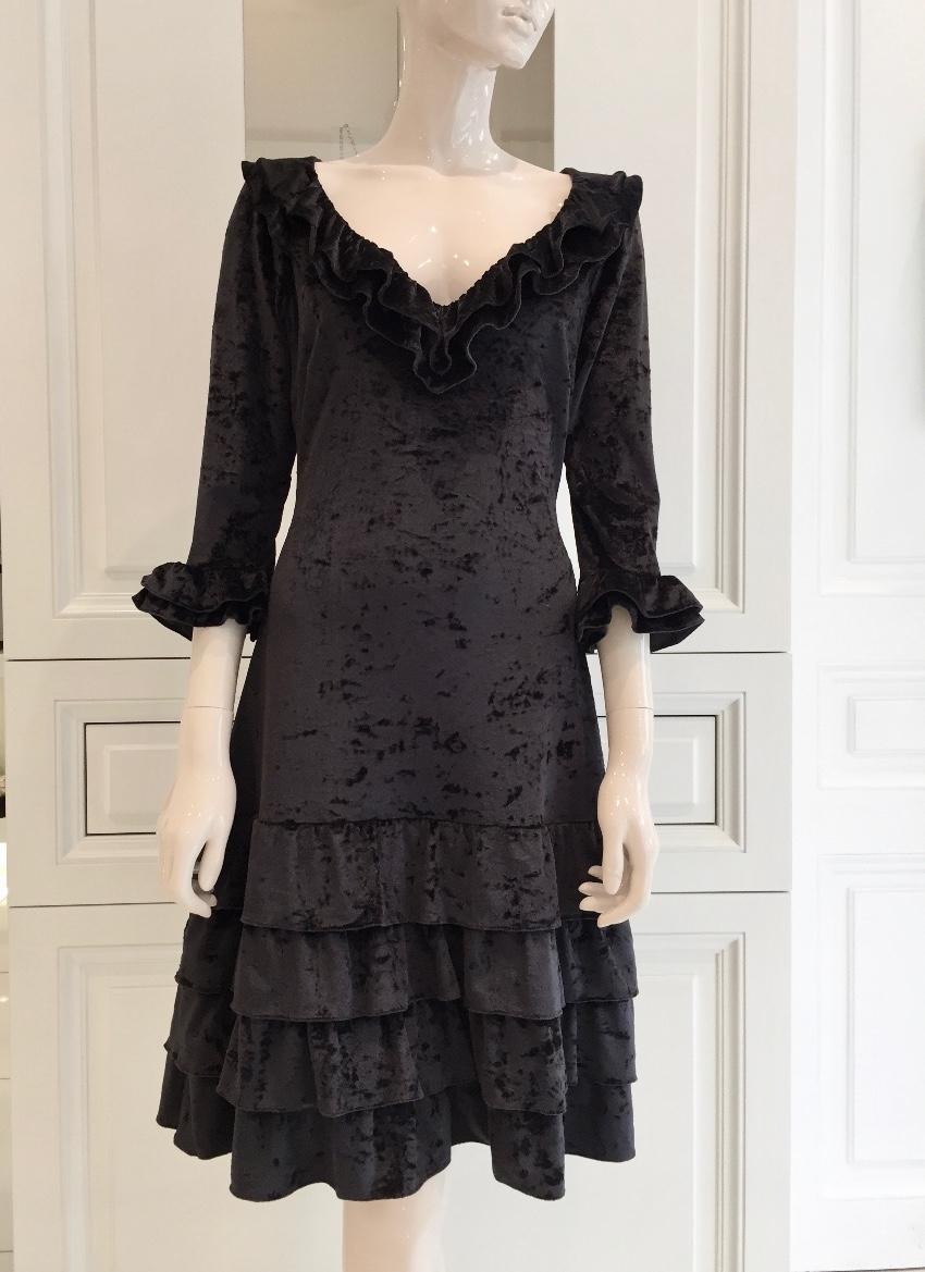 French Couture Black Panne Velvet Dress