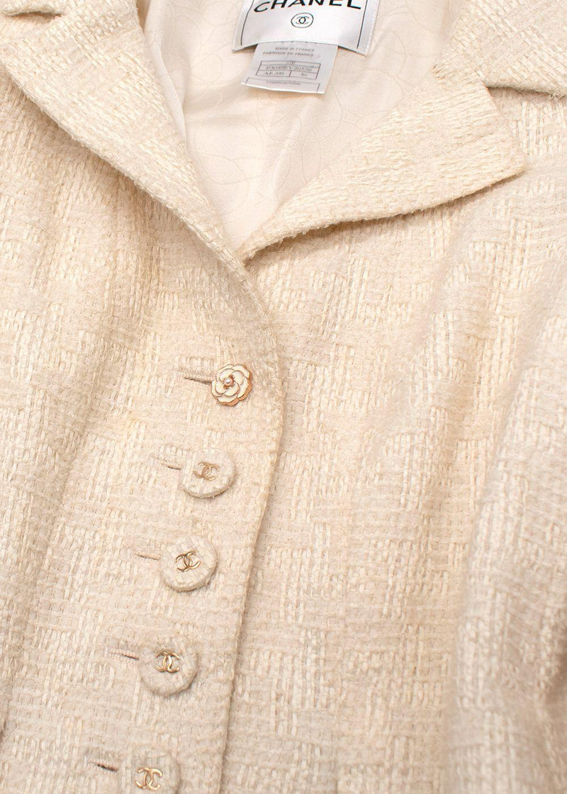 Chanel Cream 3/4 Length Sleeves Button Up Tweed Jacket