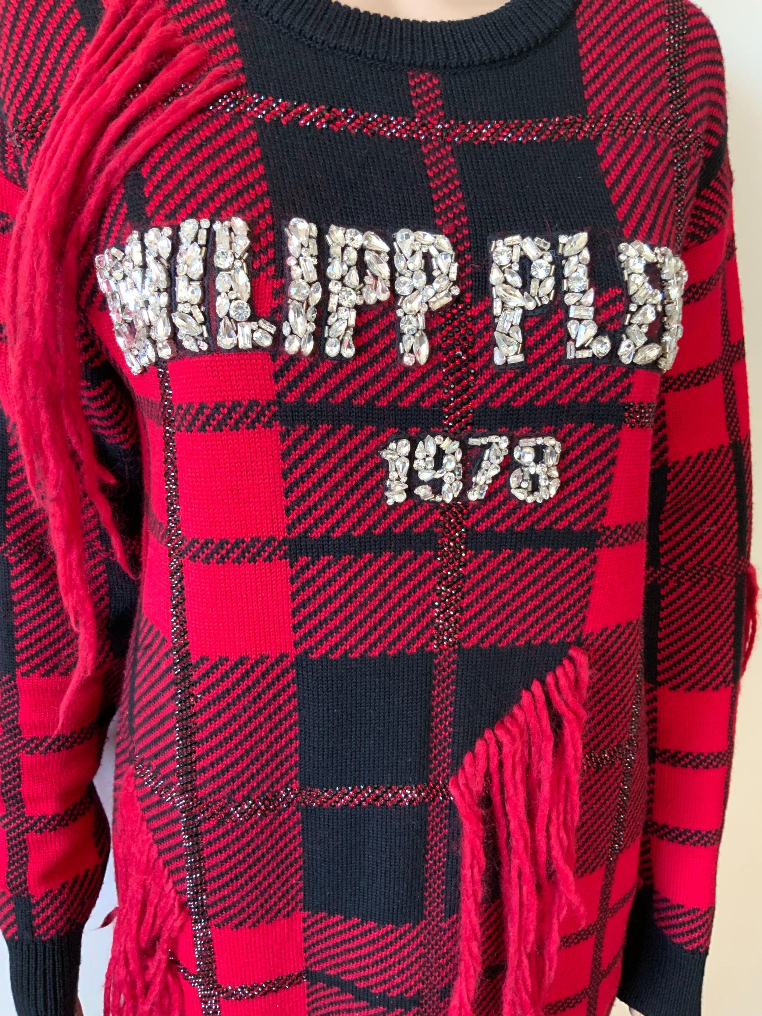 Red & Black Plaid Knit Crystal Embellished Sweater Dress