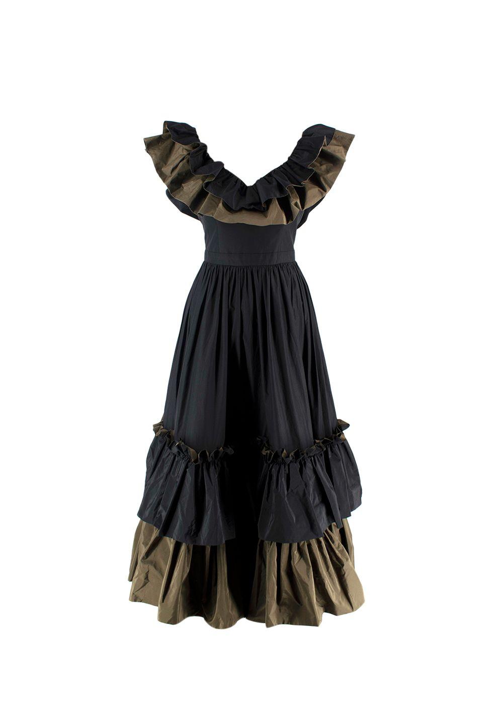 Alexander McQueen Black And Khaki Ruffled Midi Dress
