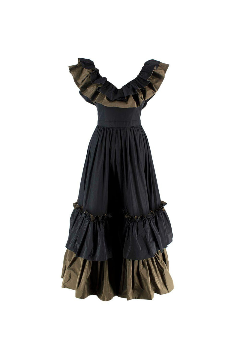 Alexander McQueen Black And Khaki Ruffled Midi Dress