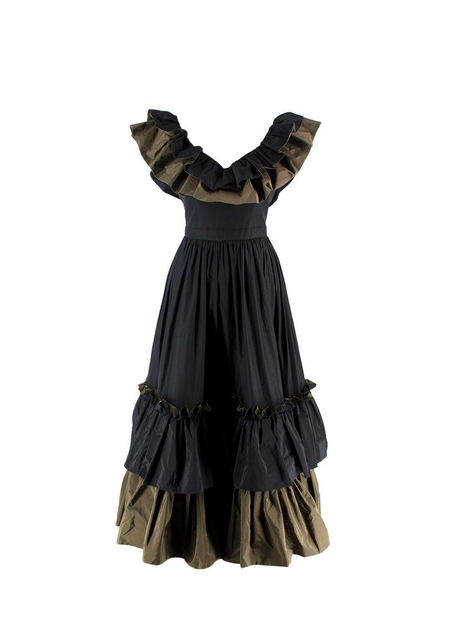 Alexander McQueen Black And Khaki Ruffled Midi Dress