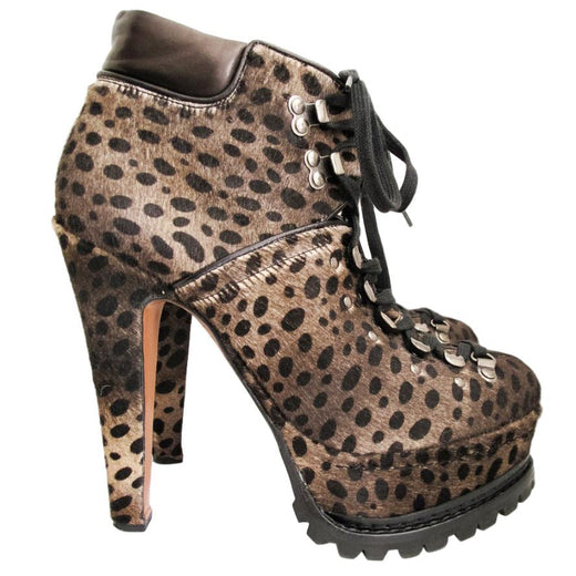 Azzedine Alaia Leopard Calf Hair Lace Up Ankle Boots