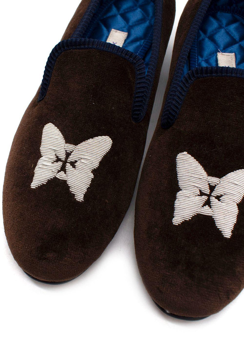 Creel & Mack Brown Butterfly Embroidered Velvet Mules