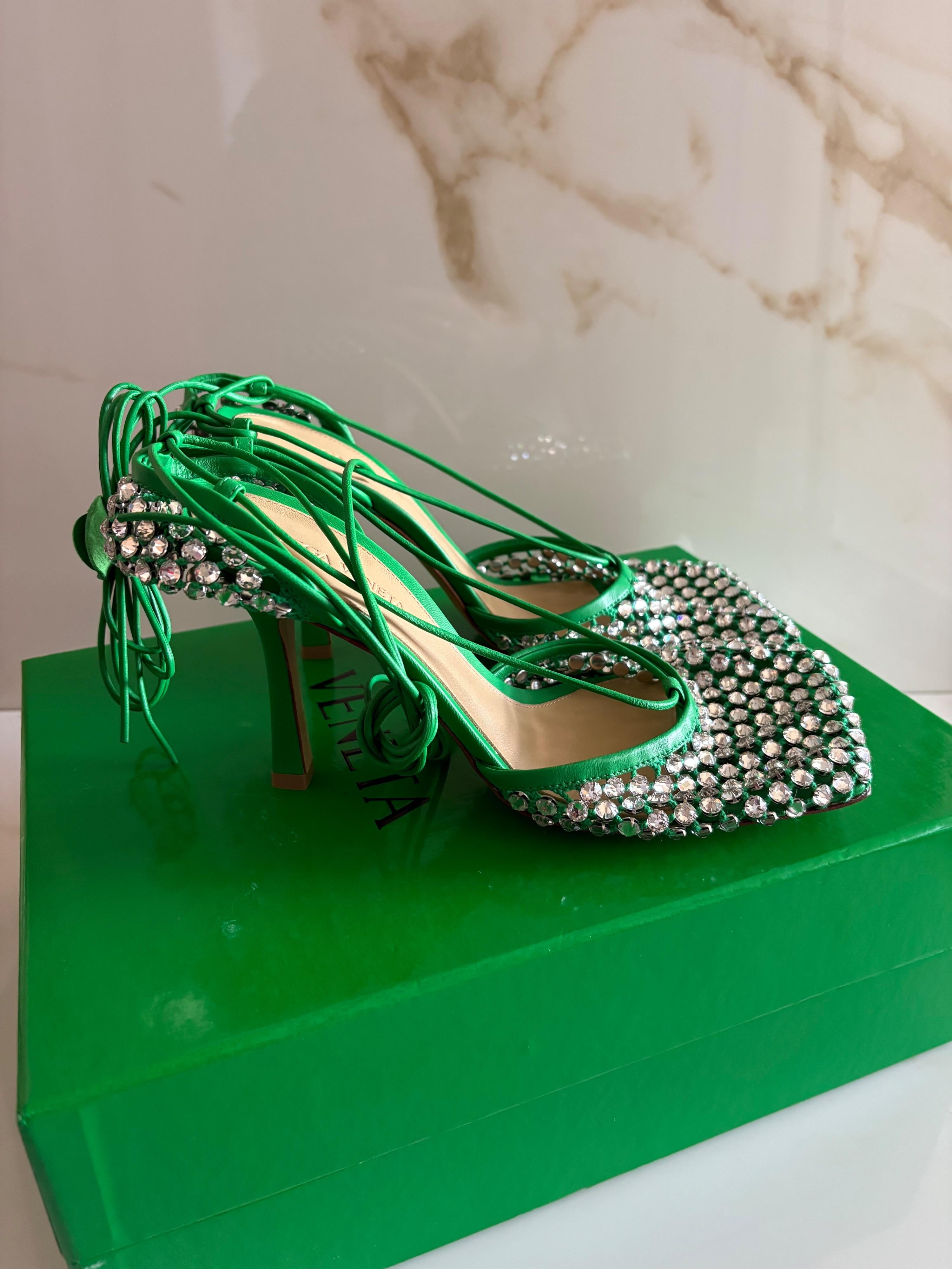 Bottega Veneta Green Sparkle Stretch Crystal Heels