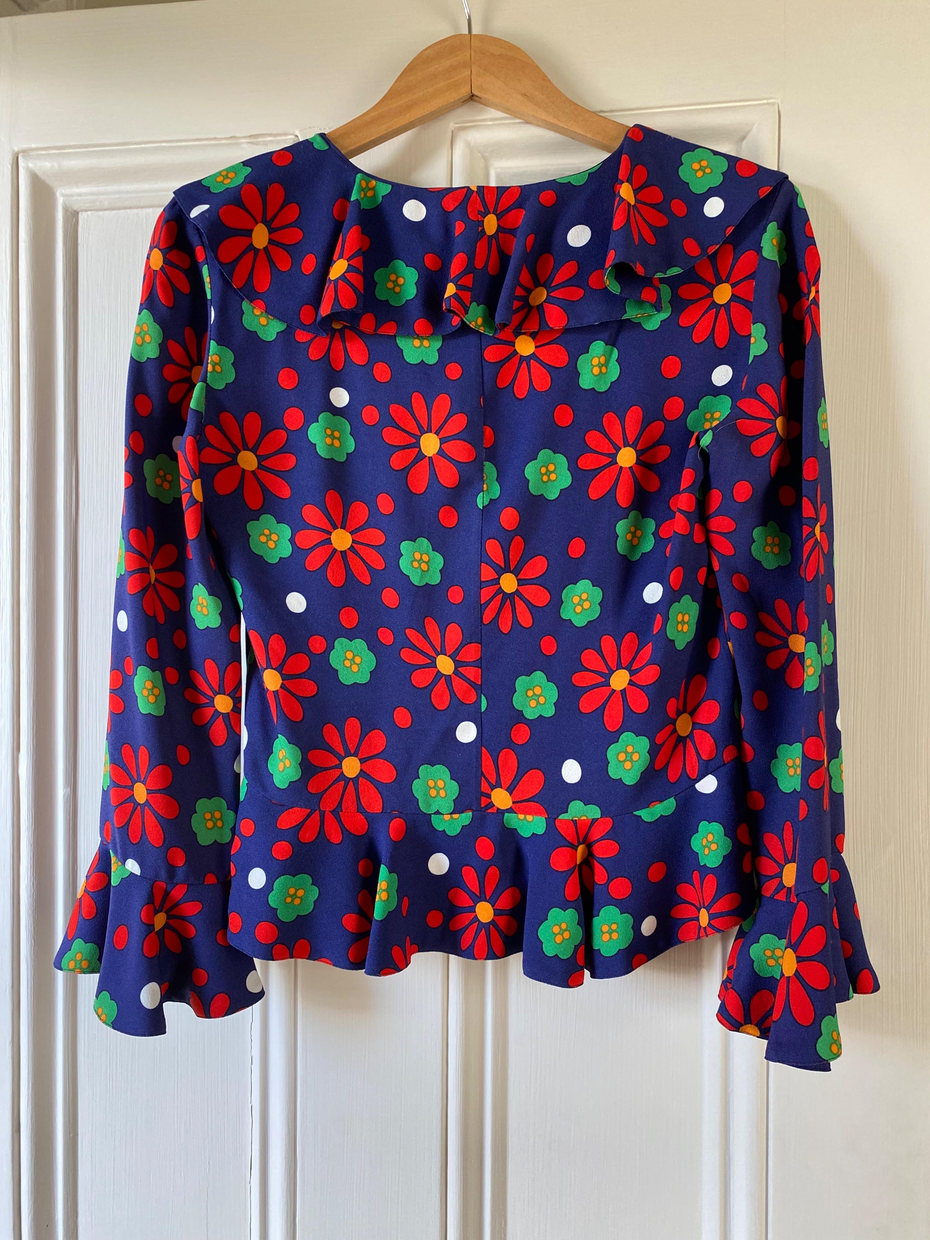 blue, red & green floral crepe blouse