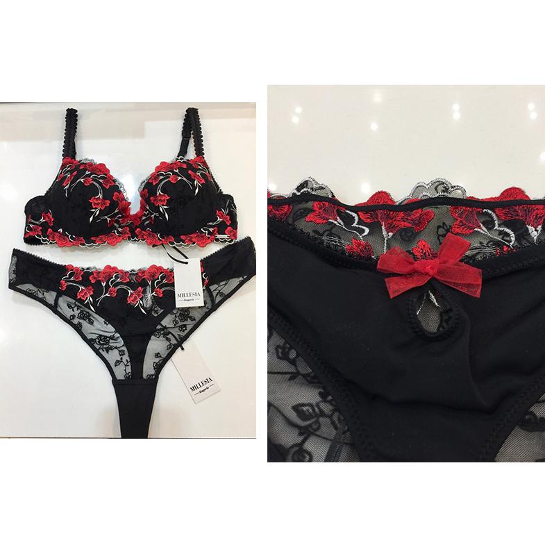 Millesia Embroidered Flowers Red & Black Padded Bra & Thong Set