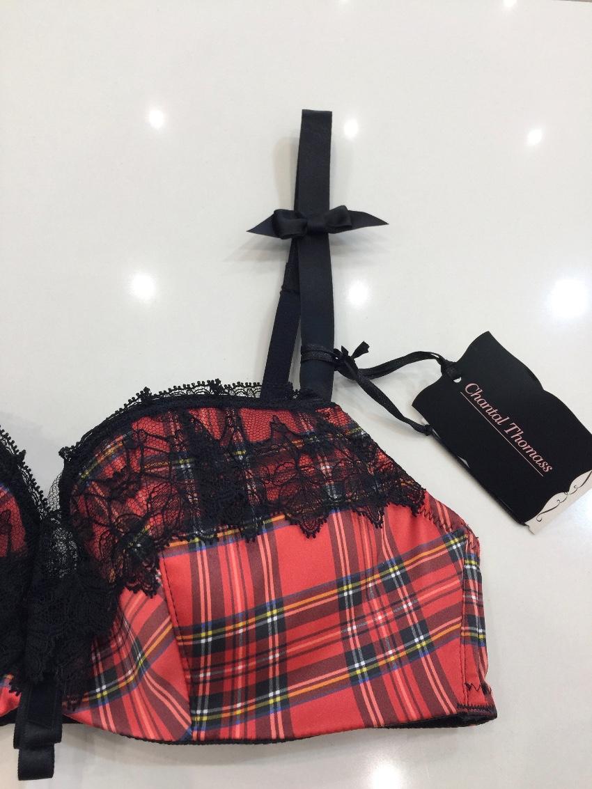 Chantal Thomass Tartan Satin & Leavers Lace Pad Bra & Brief Set