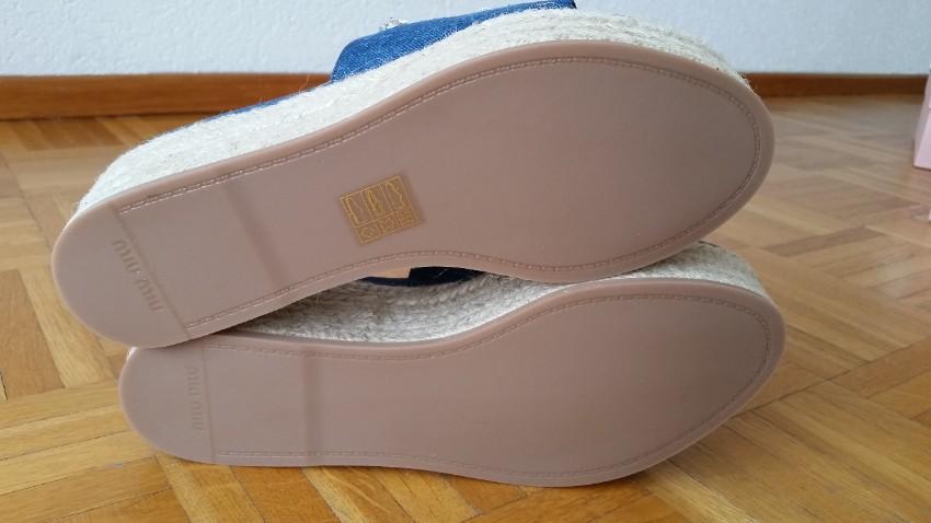 Miu Miu Crystal Embellished Distressed Denim Platform Mules