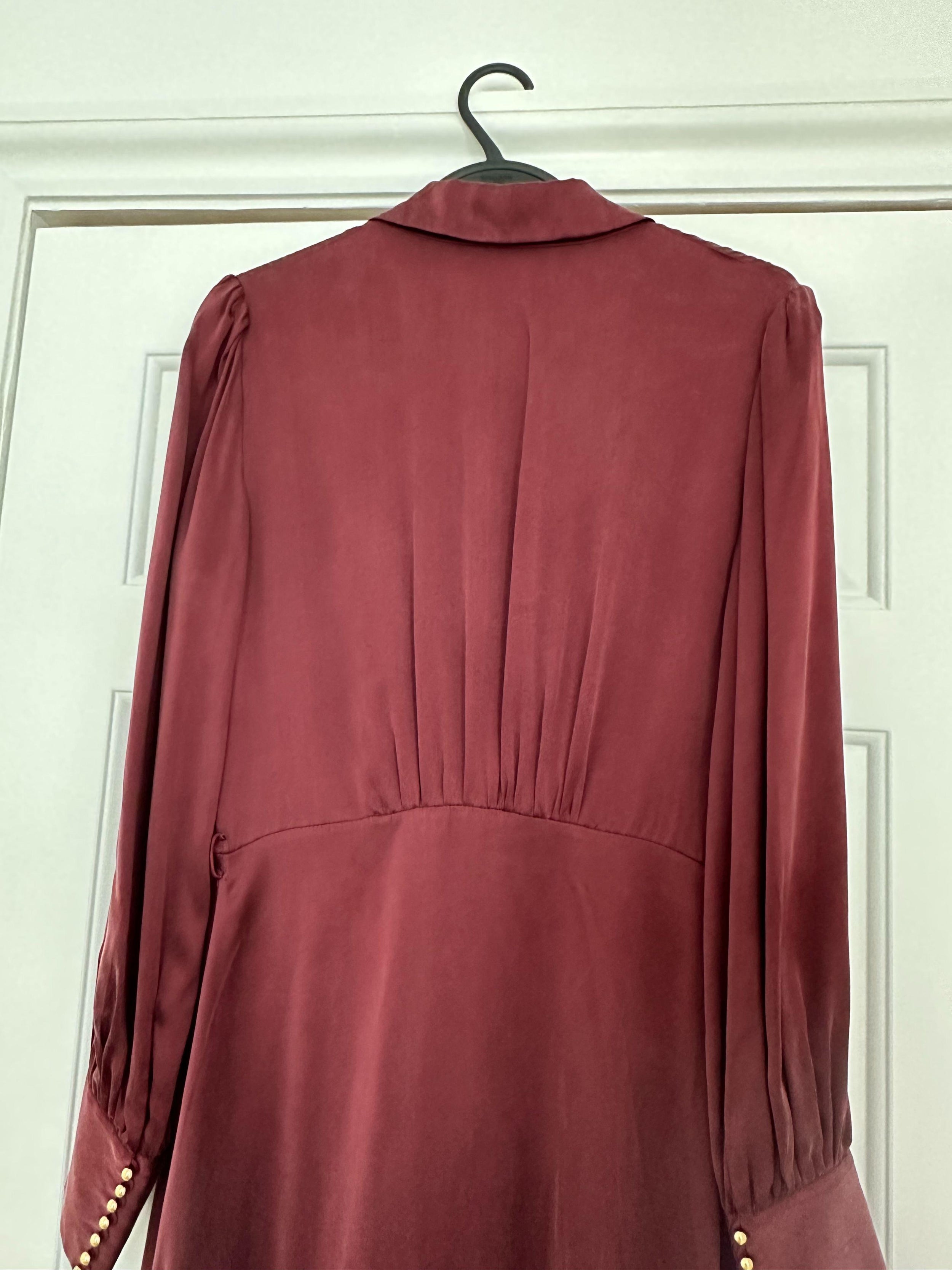Burgundy Silk Satin Wrap Midi Dress