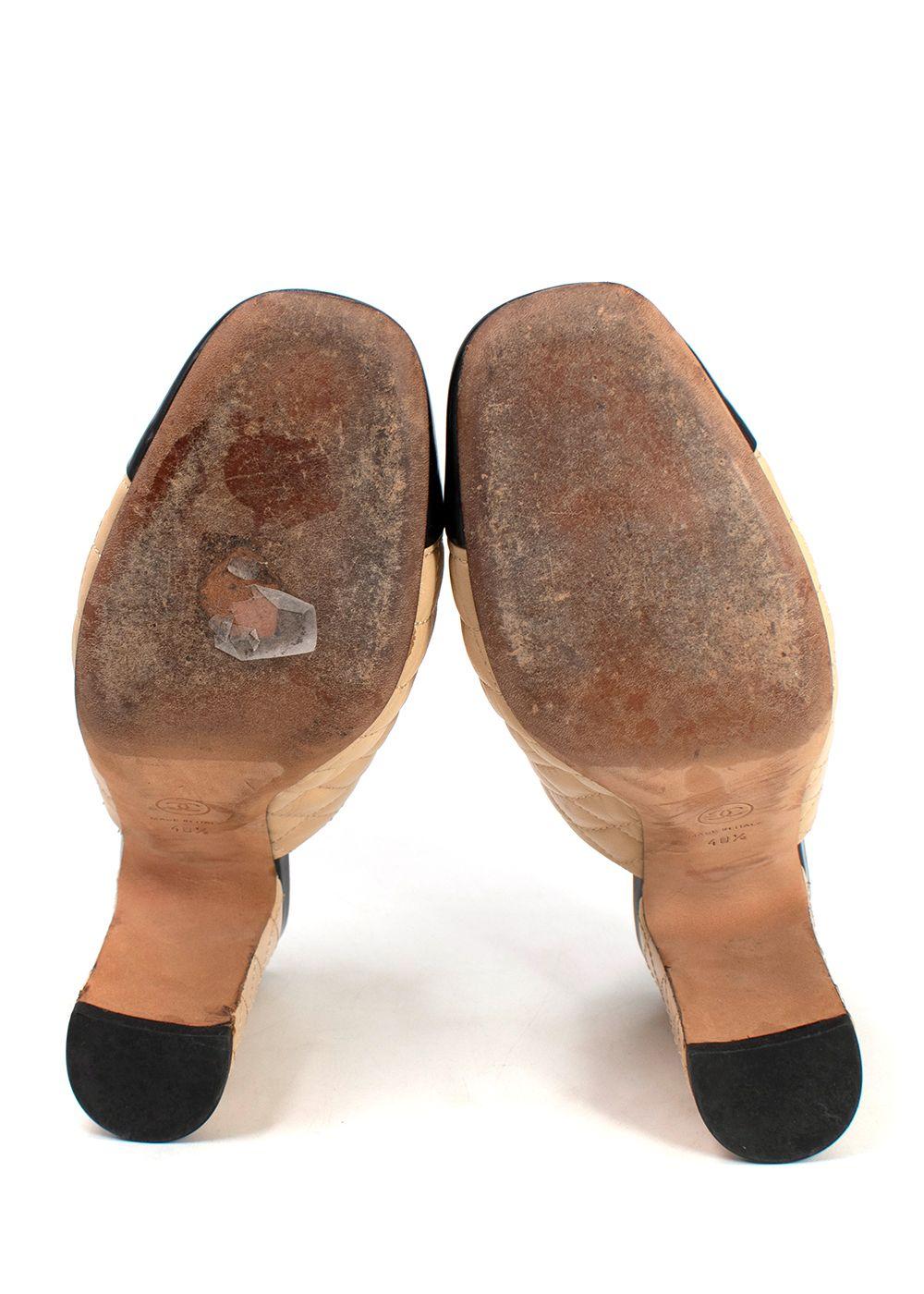 Chanel Beige Quilted Black Patent Cap-toe Mules